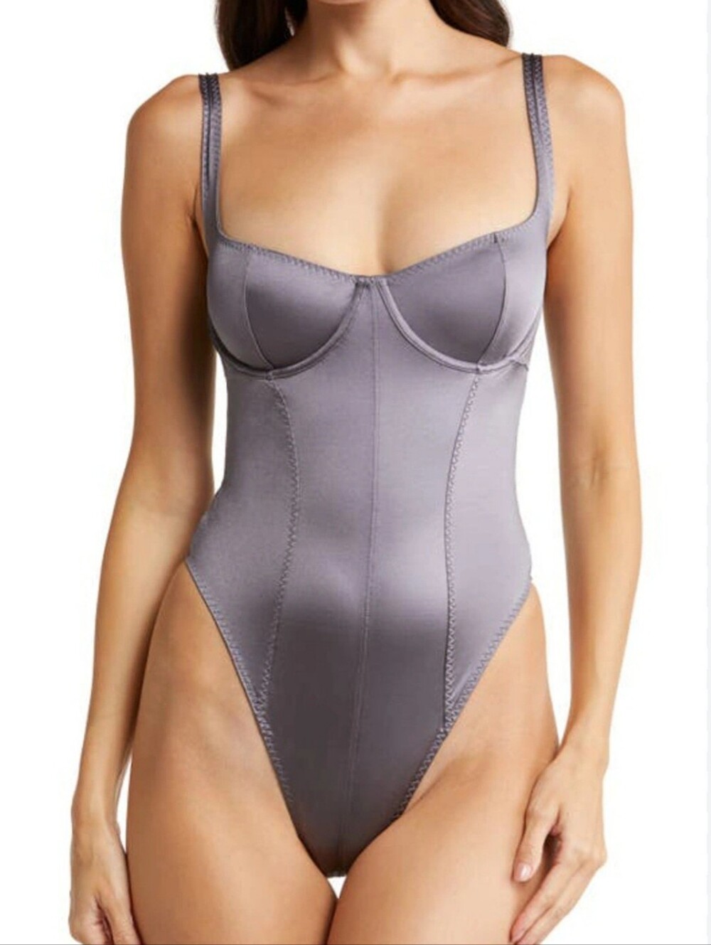 Skims Stretch Satin Underwire Thong Bodysuit - Armor  Size L New